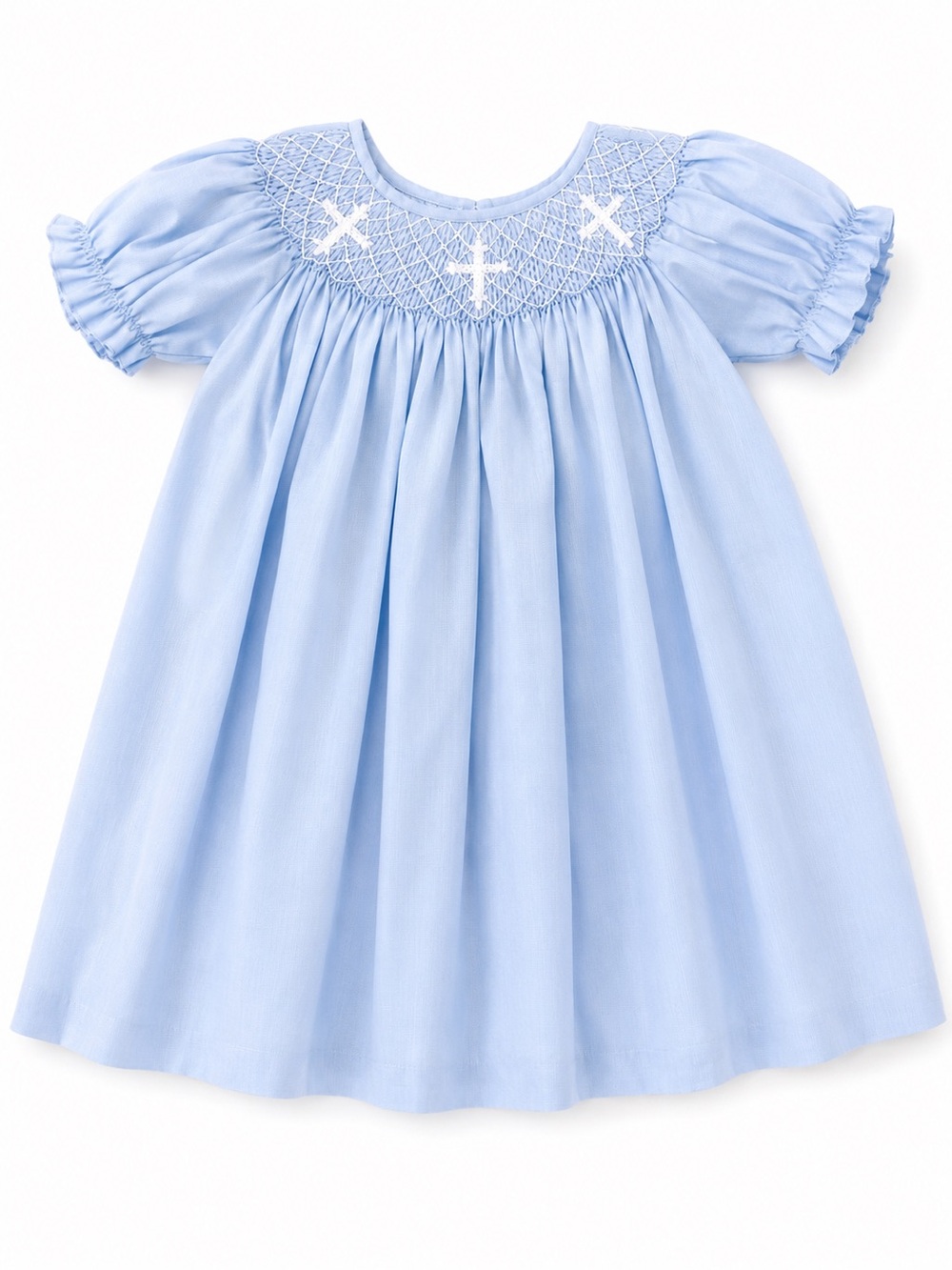 NWOT Stitchy Fish Light Blue Smocked Puff-Sleeve Kids Bishop Dress